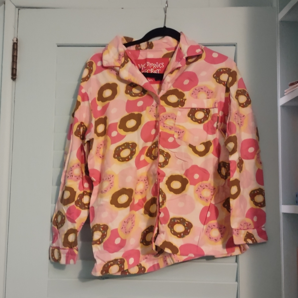 Victoria's Secret pink and white button up donut print pajama top size small